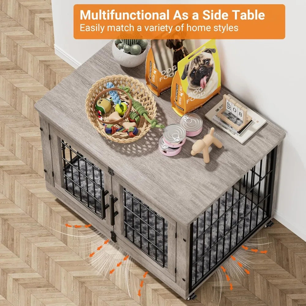 Lulive Dogs Crate Furniture for Medium Dogs, 32'' Dogs Kennel Indoor with Cushion & Wheels Wooden Doges Cage Double Doors Dog,Cu