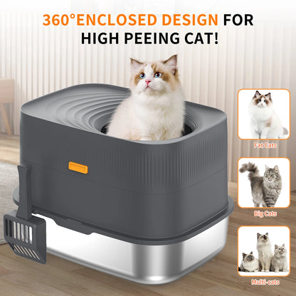 Top-Entry Oval Stainless Steel Cat Litter Box with Lid, XL Extra Large Enclosed Metal Cat Litter Box with Removable Lid and Cat Litter Scoop, Odor-Free, Easy to Clean, Prevents Large Cats from Leaking Urine - Gray