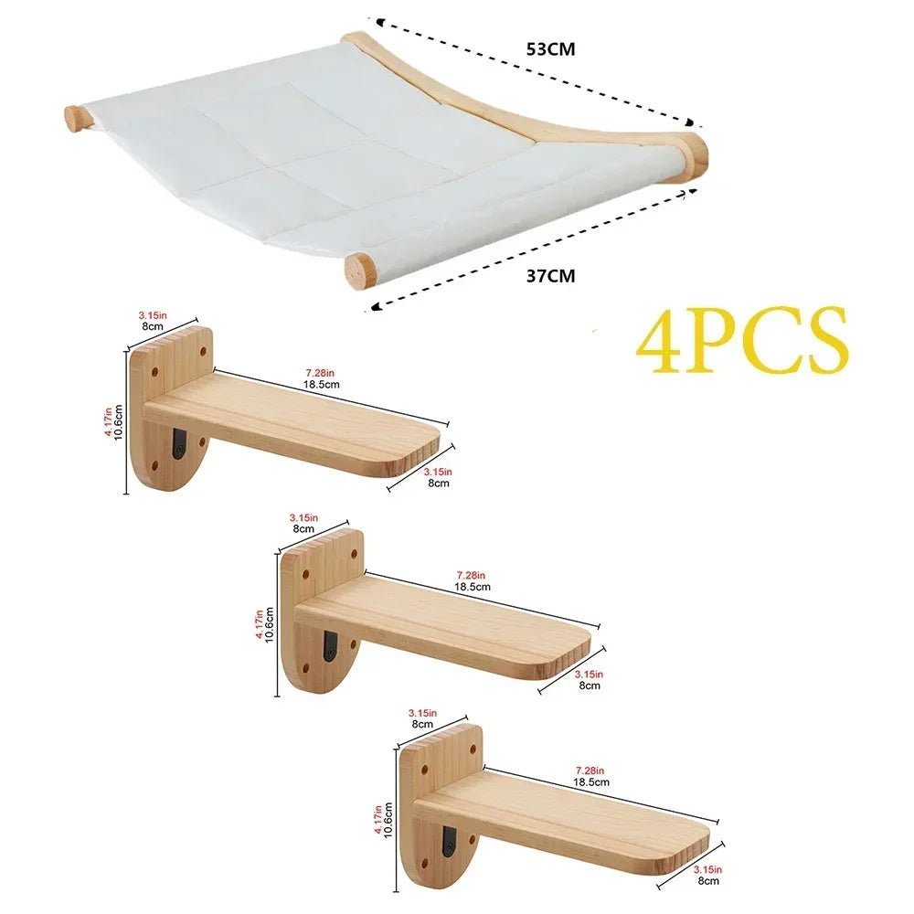 Wooden Cat Climbing Shelves Wall Mounted Cat Tree Sisal Scratching Post Pedal Hammock Indoor Kitten Playground Cats Accessories