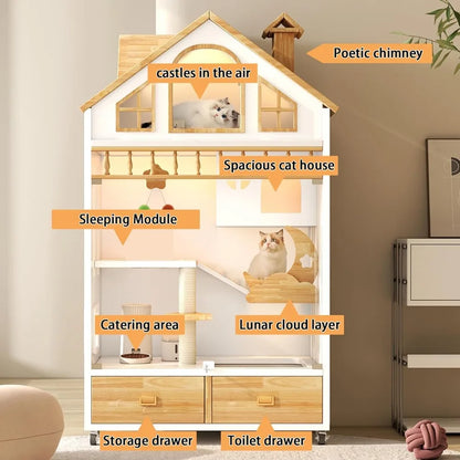 Enclosed Cat Condo, Large Wooden Cats House Indoor Cage Cat Enclosure on Wheels, Multi-Feature Enclosed Condo with Litter Box