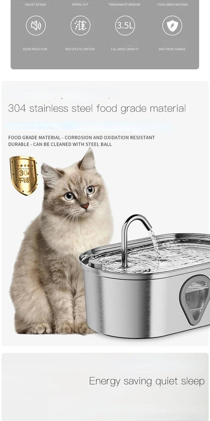 3.5L Stainless Steel Cat Water Fountain with Water Level Window Pet Fountain Cat Dog Water Dispenser for Multiple Cats Fountain
