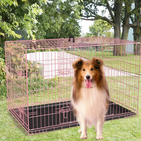 Extra Large Dog Crate with Double Door, 48 Inch Folding Metal Wire Cage, Removable Tray & Divider Panel for Large Dogs in Pink