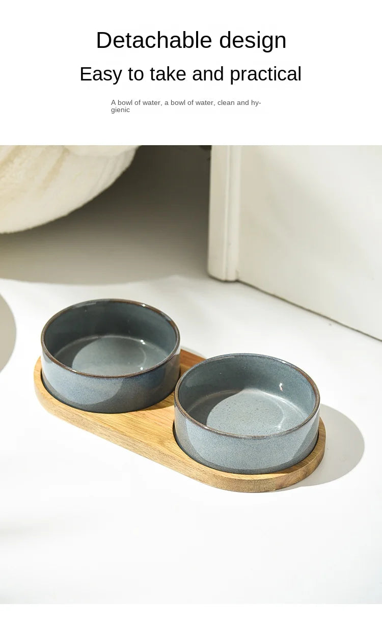 Dog Bowl Ceramic Matte Pet Bowl Cervical Spine Protector Anti Knock Over Wooden Tray Pet Feeding Supplies Cat Accessories