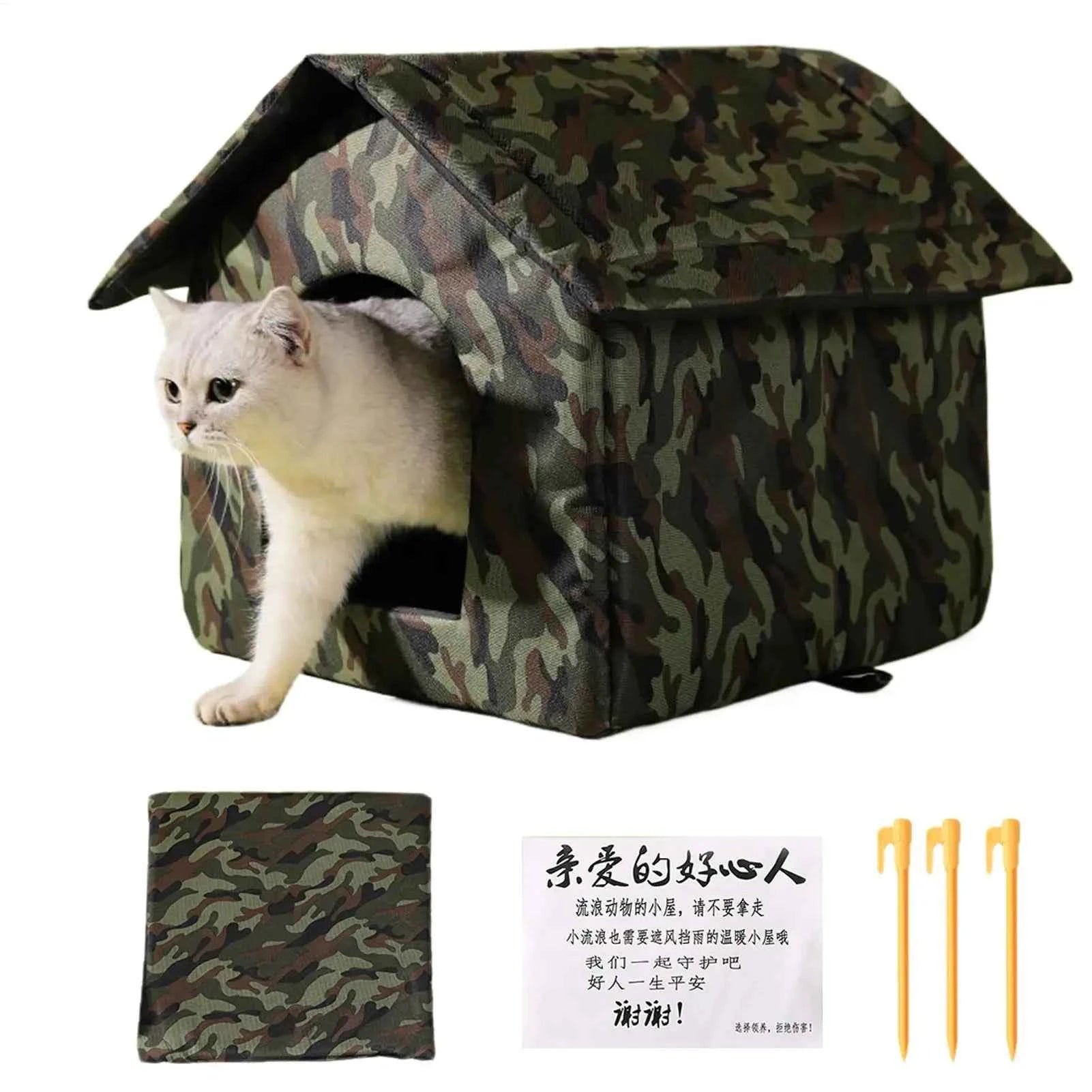 Outdoor Cat House Foldable Weatherproof Outdoor Oxford Cat Shelter Non Slip Bed Tent Hideaway Windproof Condos for Sleeping