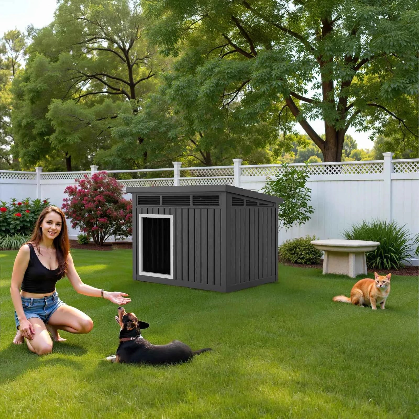 Resin Dog House with Hydraulic Rod, Waterproof Outdoor Insulated Dog Kennel, Slanted Roof Large Dog Shelter for Medium Large Dog