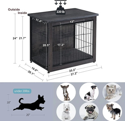 Dog Crate Furniture with Cushion, Wooden Kennel Table, Double Doors, Indoor Dog House, Small to XL, 27.2' L, Dark Gray