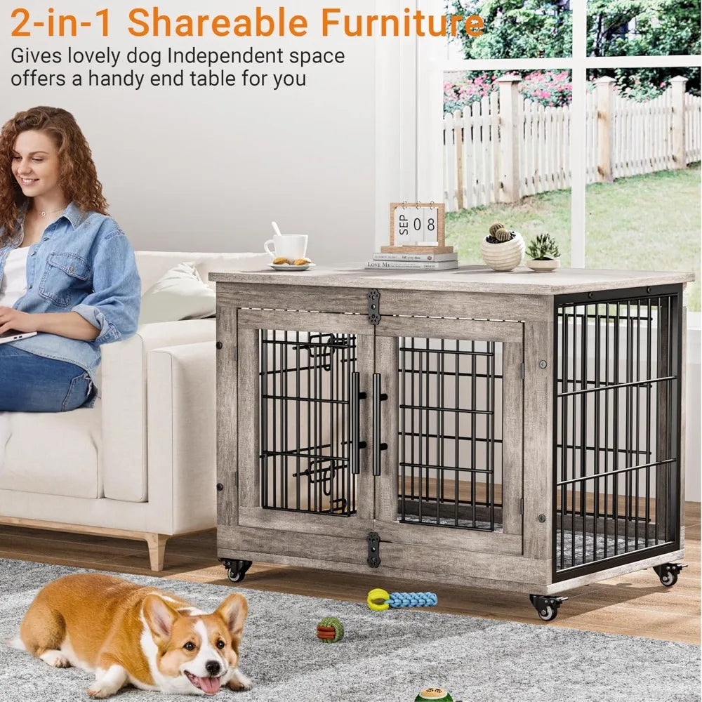 Lulive Dogs Crate Furniture for Medium Dogs, 32'' Dogs Kennel Indoor with Cushion & Wheels Wooden Doges Cage Double Doors Dog,Cu