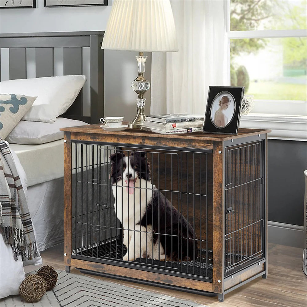 Large Elevated Dog Crate Wooden Dog Kennel Cage Pet House End Table with Double Door and Removable Tray Rustic Furniture Indoor