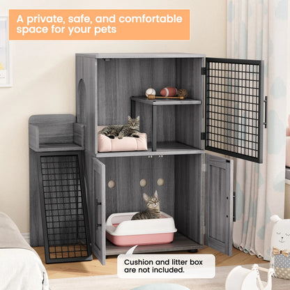 Cat Litter Box Enclosure with Platform,Double Layer Cat Litter Hidden Furniture,Cat Washroom Furniture,Cat House with Ladder