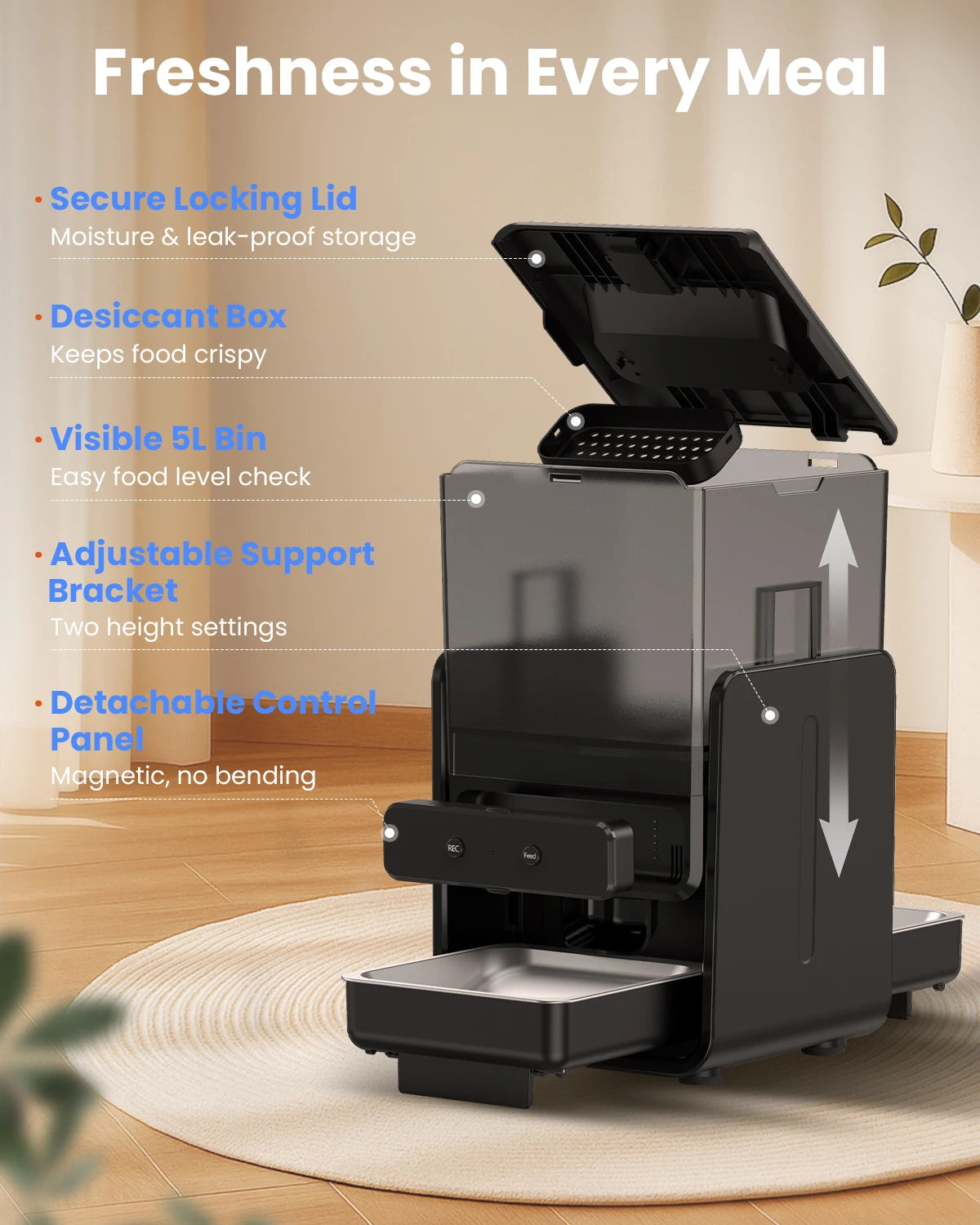 5L Automatic Cat Kibble Dispenser 2 Bowls Smart Voice Recorder Pluggable Control Panel Auto Cat Food Dispenser For Pet Dry Food