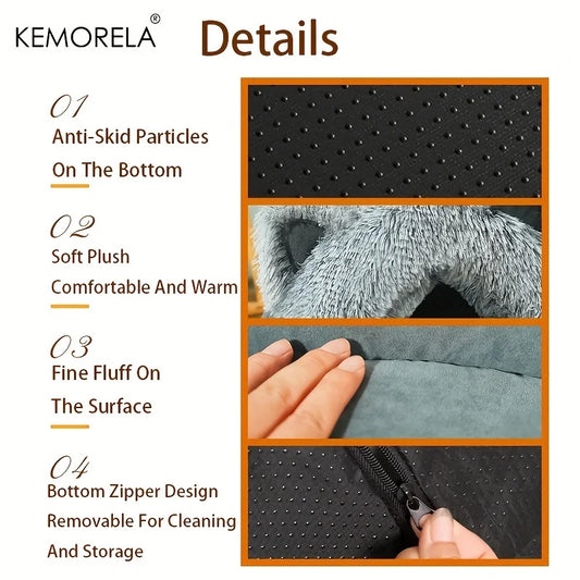 KEMORELA Plush Cat Ears Big Collar Pet Nest Cat Bed For Indoor Cats Thickened Pet Bed Cat House For Autumn And Winter Seasons