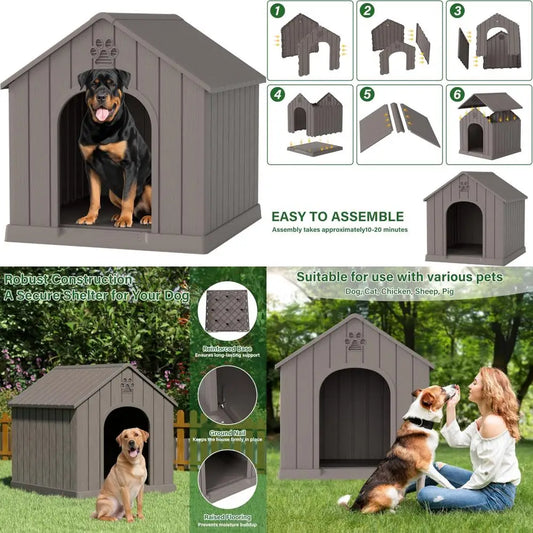 Waterproof Indoor & Outdoor Dog House – Air Vents, Elevated Floor & Easy Assembly Puppy Shelter (Grey) - Pet Suppie