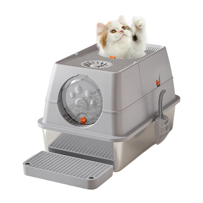 Stainless Steel Cat Litter Box, High Sided Enclosure Cat Toilet With Lid, Front And Top Door, Sand Filter Pedal & Litter Scoop