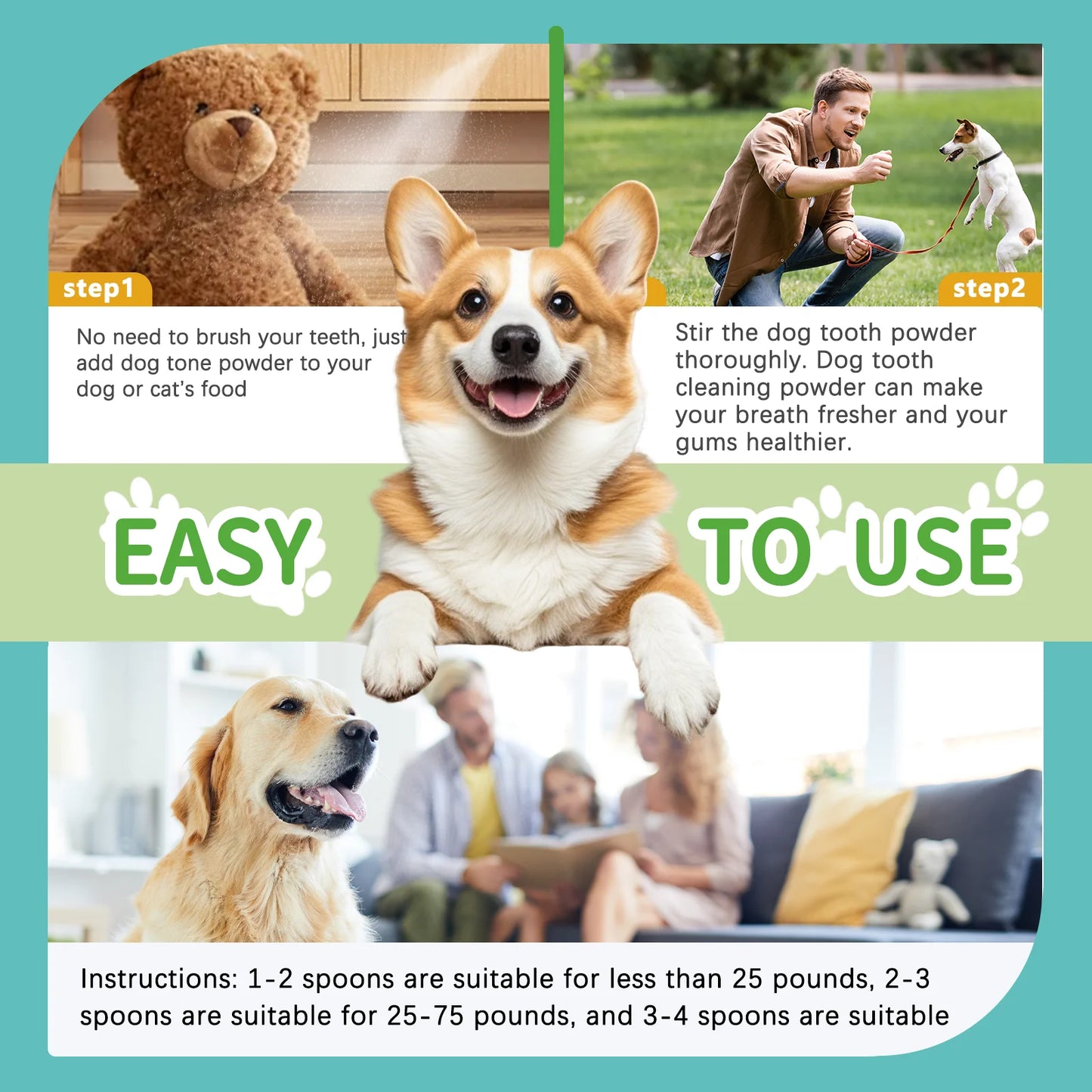 Mint Herbal Pet Teeth Powder - Anti-Tartar Formula for Dogs & Cats, Freshens Breath & Promotes Oral Health Naturally.