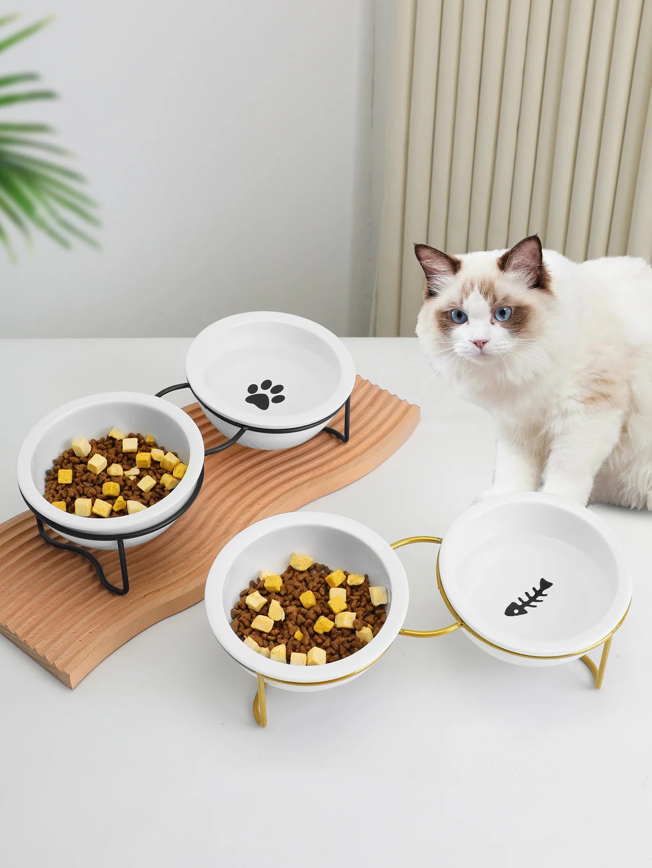 1 Set Elevated Ceramic Cat Bowls 1 Set Non-Slip Ceramic Cat Food And Water Bowls With Iron Bracket, Elevated Tilted Cat Feeder