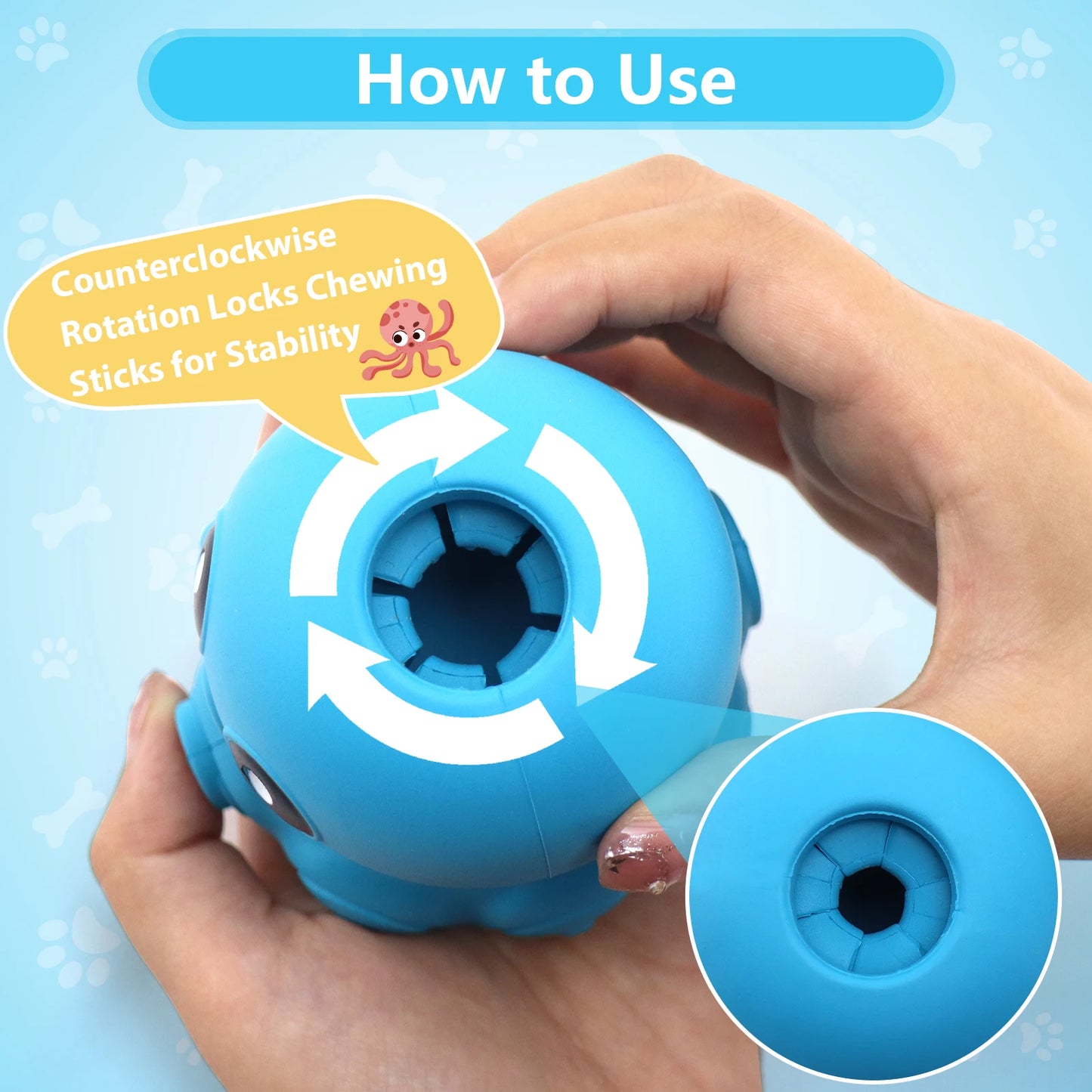 Octopus Chew Toy for Dogs Safe Durable Silicone Interactive Treat Holder Slow Feeder Squeaky Fun Dispenser IN/OUT Blue