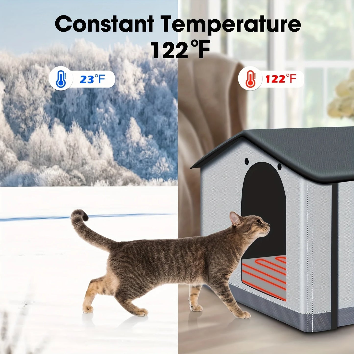 A insulated outdoor cat house with eaves and escape doors, designed for insulation and providing winter shelter for stray cats