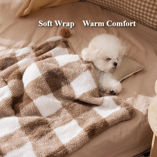 Winter Cream Color Plaid Flannel Pet Blanket, Double-Sided Soft Warm Fleece Throw for Small Dogs and Cats，Warm Cuddler Bed Mat