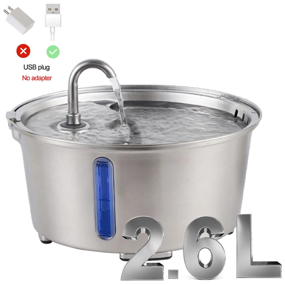 2.6L/87.9oz Stainless Steel Cat Water Fountain Automatic Cat Drinker Drinking Fountain For Cats Dogs Pet Water Dispenser