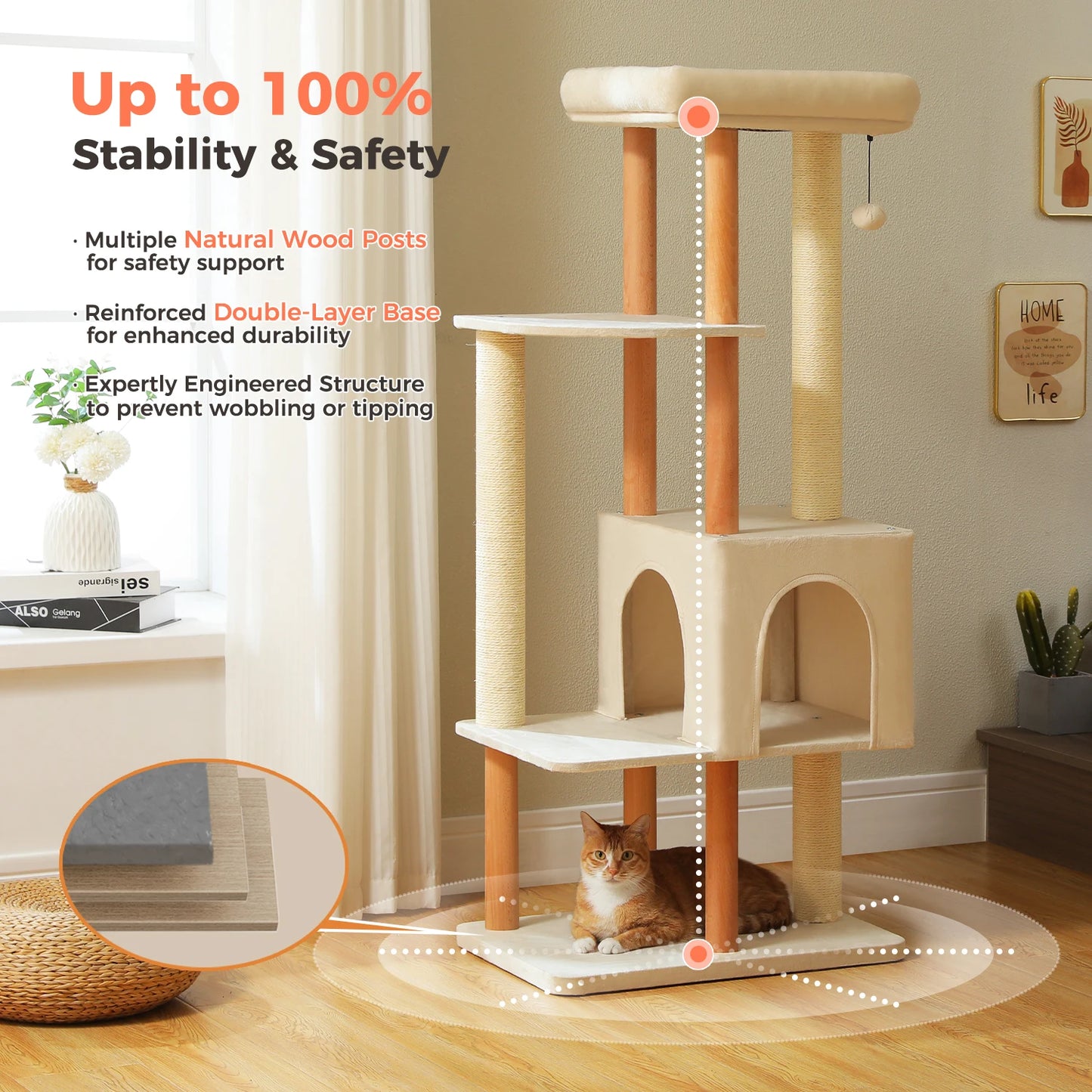Modern Cat Tree for Indoor Cats, Multi-Level Cat Tree with Lage Cat Condo, Sisal Scratching Posts, Natural Wood Posts, Soft Bed