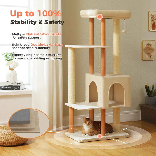 Modern Cat Tree for Indoor Cats, Multi-Level Cat Tree with Lage Cat Condo, Sisal Scratching Posts, Natural Wood Posts, Soft Bed