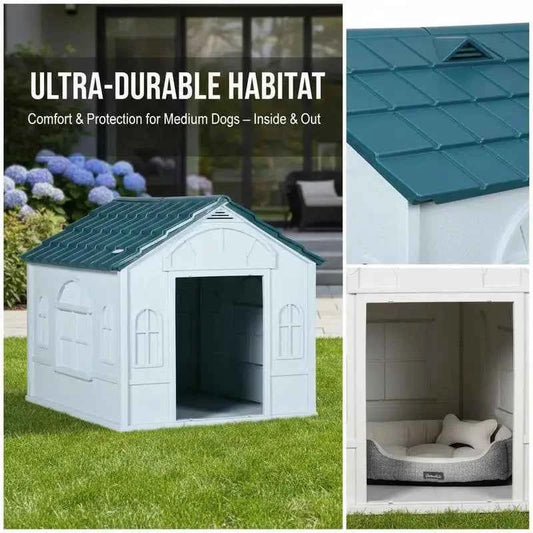 Plastic Weather-Resistant Dog House, for Indoors and Outdoors, Medium Dogs - White and Blue