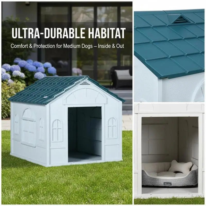 Plastic Weather-Resistant Dog House, for Indoors and Outdoors, Medium Dogs - White and Blue