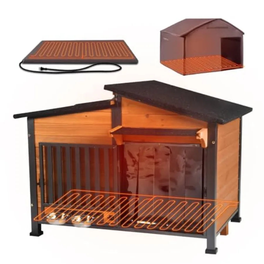 39.7 L Heated Dog House Outdoor Insulated Winter Dog Kennel with Thermostat-Controlled Heating Pad Chew-Proof Metal Frame and 6