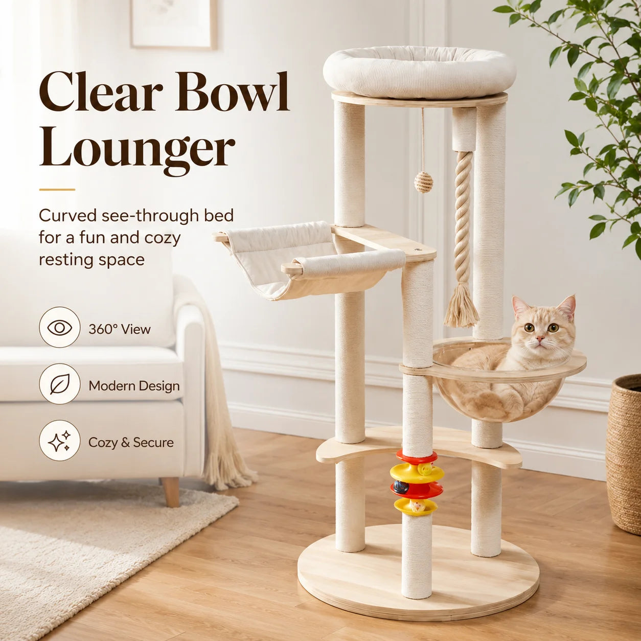 Multi-Functional Cat Tree Tower with Space Capsule, Hanging Ball, Scratching Posts, and Soft Condo - Sturdy Wooden Design for Kittens and Adult Cats, Cat Tree Tower