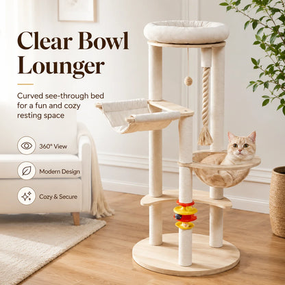 Multi-Functional Cat Tree Tower with Space Capsule, Hanging Ball, Scratching Posts, and Soft Condo - Sturdy Wooden Design for Kittens and Adult Cats, Cat Tree Tower