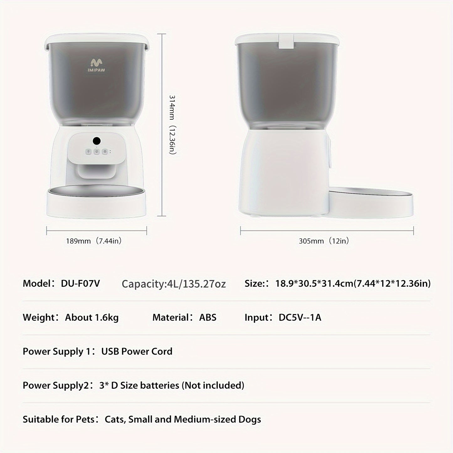 Automatic Pet Feeder with HD Camera And Wifi, Designed for Cats And Dogs, Featuring a Stainless Steel Bowl, 10-Second Voice Recorder, And Remote Control Via Android And Ios App, Weighing 135.27 Ounces, Without Battery