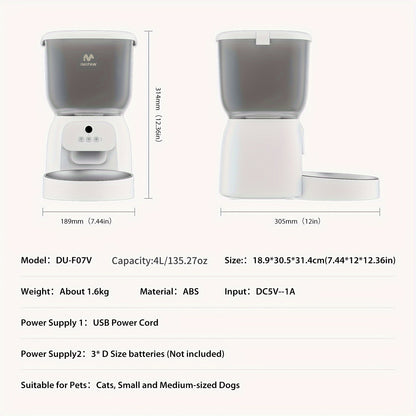 Automatic Pet Feeder with HD Camera And Wifi, Designed for Cats And Dogs, Featuring a Stainless Steel Bowl, 10-Second Voice Recorder, And Remote Control Via Android And Ios App, Weighing 135.27 Ounces, Without Battery