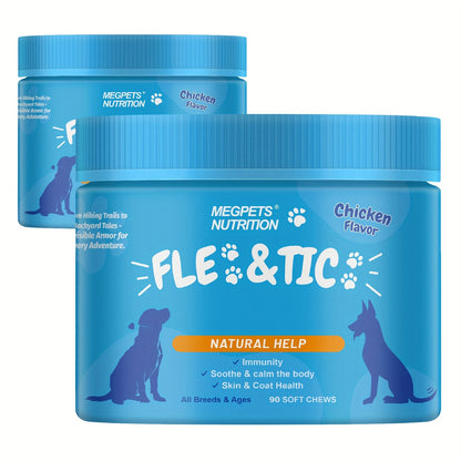 Natural Fle & Tic Health For Dogs& Cats- Skin & Digestive And Immune Supplement- With Natural Flax Seed Meal, Coriander, Brewer'S Yeast, All Breeds & Ages, 90 Count, Tasty Chicken Flavor