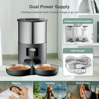 1pc Automatic Pet Feeder for Cats and Small to Medium Dogs, 4.5L Stainless Steel Dispenser with Dual Power, 6-Button Control, Includes 2 Bowls, Voice Record Feature, for Travel & Home Use - No Battery Included