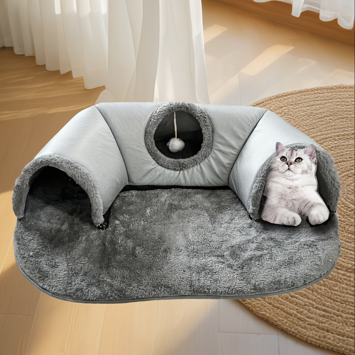 3-in-1 Non-Slip Cozy Cat Tunnel Bed - Play Mat & Warm Nest for Small to Medium Cats, Rabbits & Hamsters