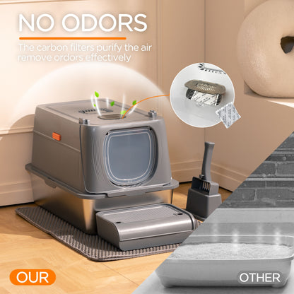 CITYLIFE Extra Large Stainless Steel Cat Litter Box, Fully Enclosed Cat Litter Box With Lid, Foldable Anti-Splashing Cat Litter Box With Front Flap Door, Cat Toilet For Indoor Cats, Top Deodorization Pet Toilet