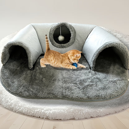 3-in-1 Non-Slip Cozy Cat Tunnel Bed - Play Mat & Warm Nest for Small to Medium Cats, Rabbits & Hamsters