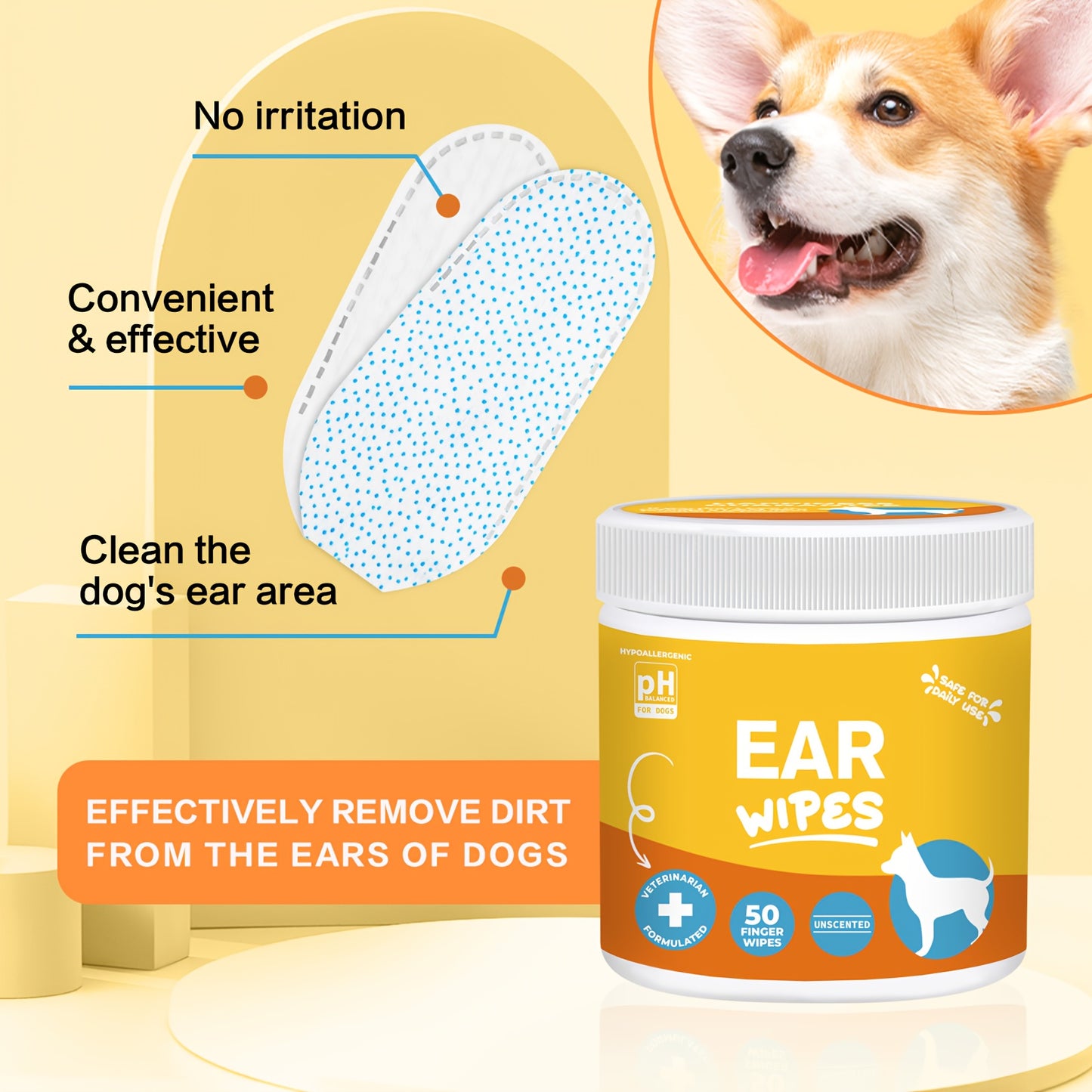Dog Ear Cleaner Wipes, Cleaning Soothing and Deodorizing Itchy Ears, Pet Ear Relief Solution, Finger Wipes for Dogs, Coconut Scent