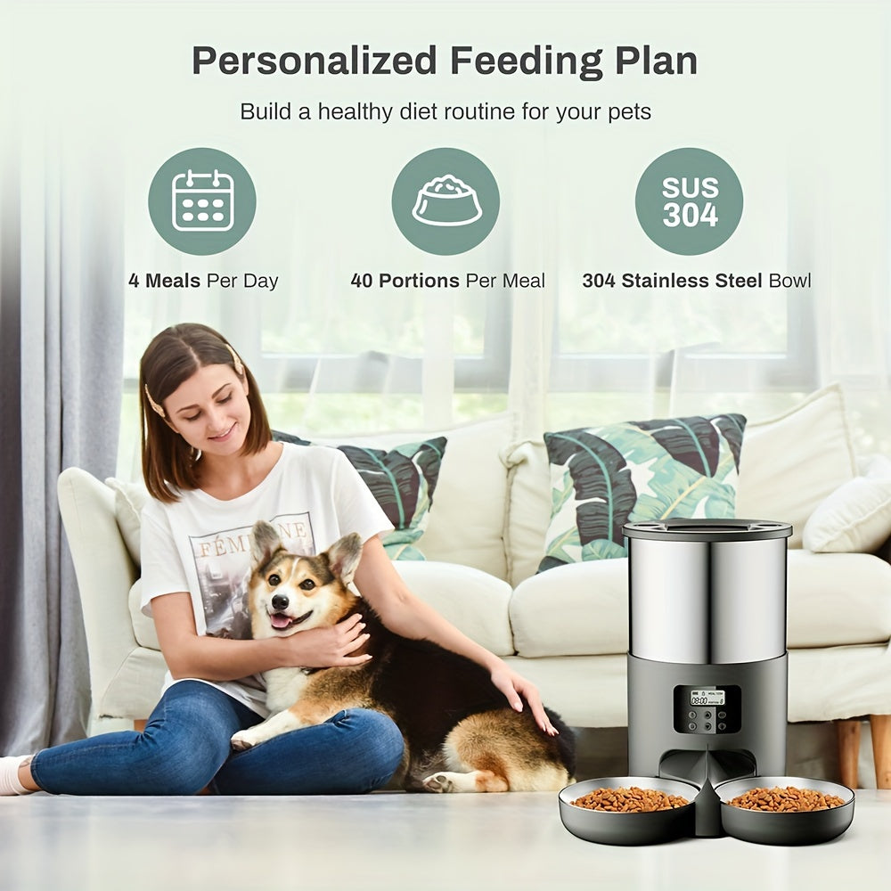 1pc Automatic Pet Feeder for Cats and Small to Medium Dogs, 4.5L Stainless Steel Dispenser with Dual Power, 6-Button Control, Includes 2 Bowls, Voice Record Feature, for Travel & Home Use - No Battery Included